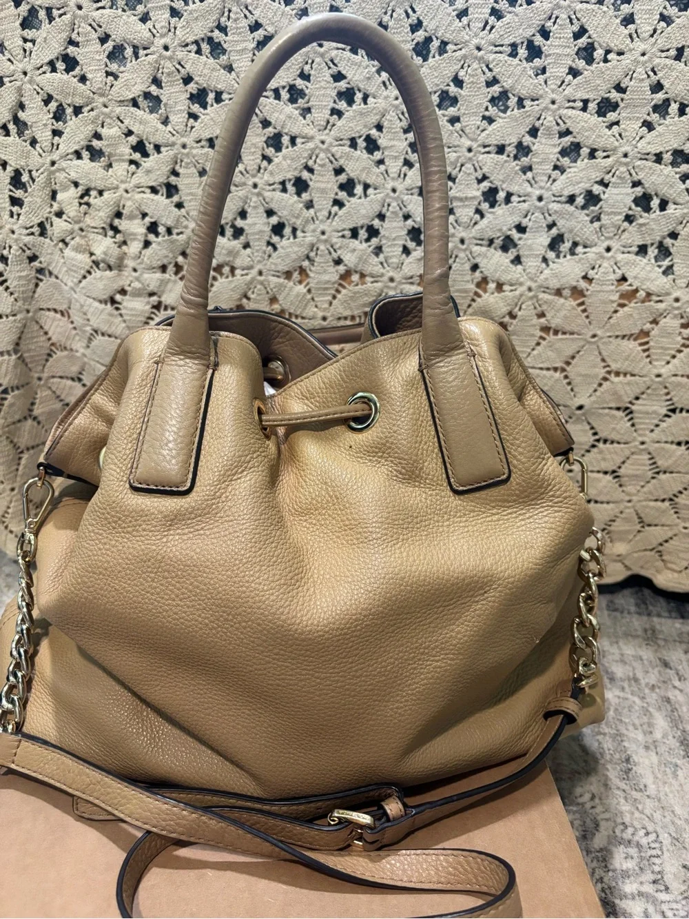 Women’s Tassel Drawstring Satchel Bag in Tan - Stylish Everyday Handbag